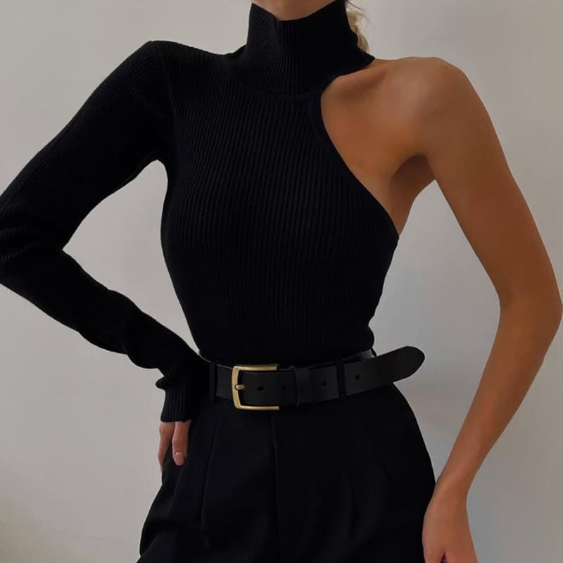 Women's Clothing One-Sleeved Solid Color Round Neck Irregular Jumpsuit