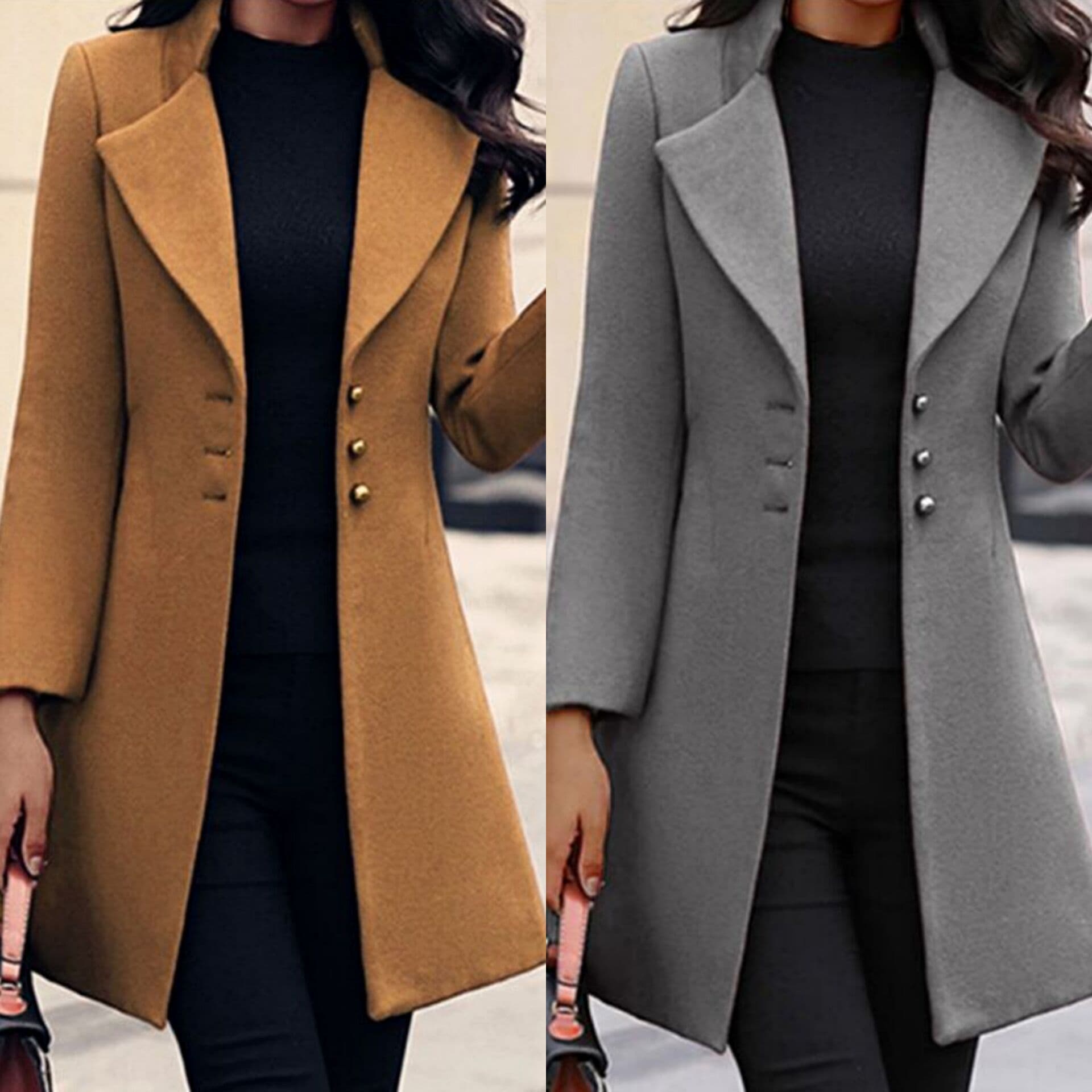 women's clothing mid-length coat women's suit collar solid color slim woolen coat