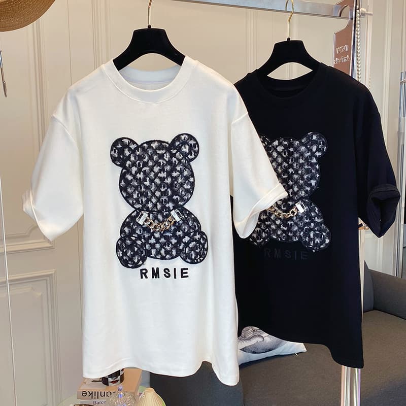 Women's bottoming shirt summer new zipper bear print combed cotton wide