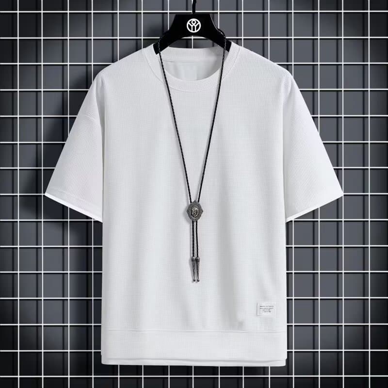 Waffle Short Sleeved T-shirt Summer Men's Vacation Two-piece Loose Half Sleeved T-shirt Ice Thin Round Neck Trendy Clothing