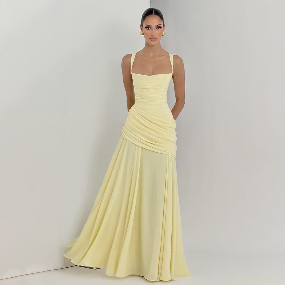 Women's Low Cut Pleated Dress Elegant Style Solid Color Backless Suspender Waist For Spring