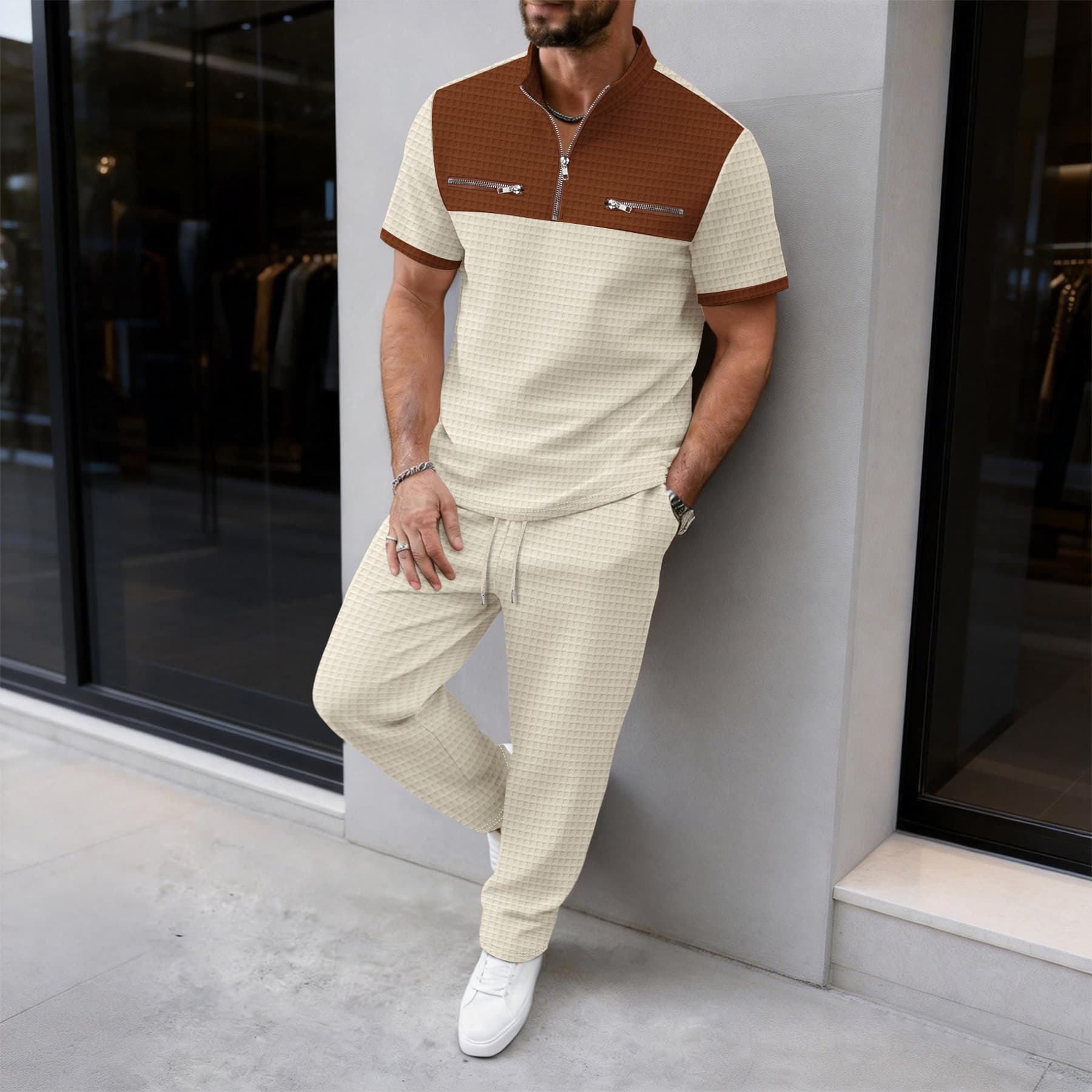 Men's Large Checkered Color Block T-Shirt And Trousers Set Casual Sportswear Half Zip Short Sleeved