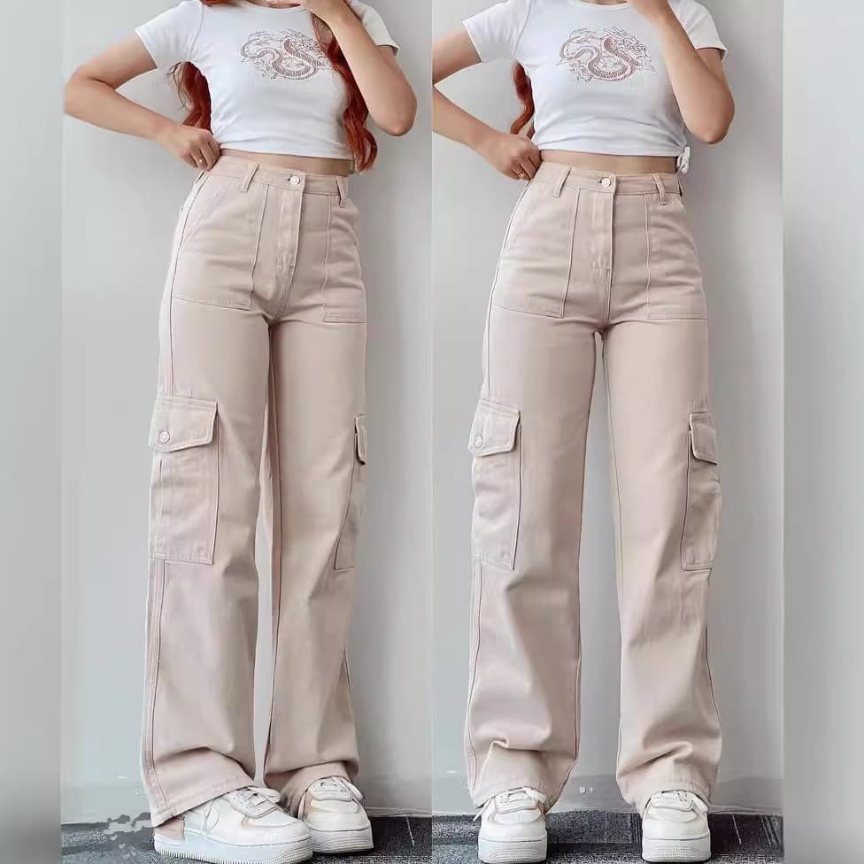 Women's versatile casual pants mid-waist three-dimensional pocket trousers waist overalls