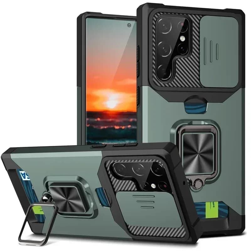 Coque antichoc Armor pour Samsung Galaxy S25 Ultra Plus S24FE A16 A06 A55, support d'anneau coulissant, objectif d'appareil photo, fente pour carte,