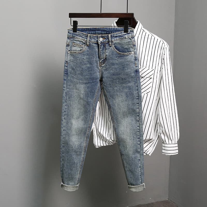Men's Jeans Trendy Brand Blue Nine Points Versatile Spring New Slim-fitting Small Feet Elastic Trousers