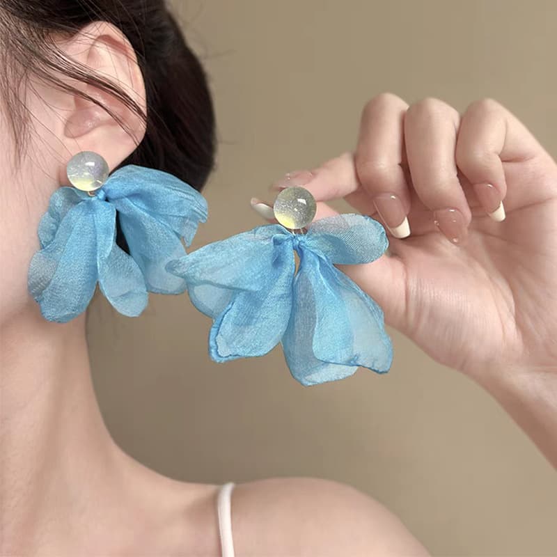 Women’s Jewelry Set Fashion Super Fairy Atmosphere At The Seaside Blue Chiffon Earrings Niche Design Advanced Gentle Temperament Style Earrings