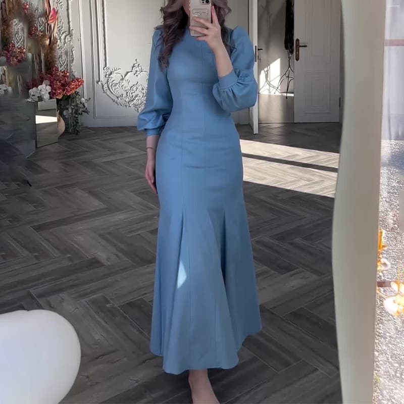 Women's autumn round neck temperament lantern sleeve high waist slim fishtail skirt