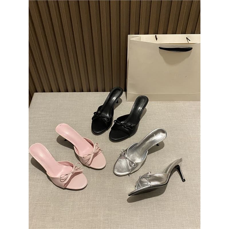 Women's Elegant Bow Detail Pointed Toe High Heel Sandals - Versatile Slip-On Dress Shoes For Casual & Formal Wear In Black, Pink & Silver