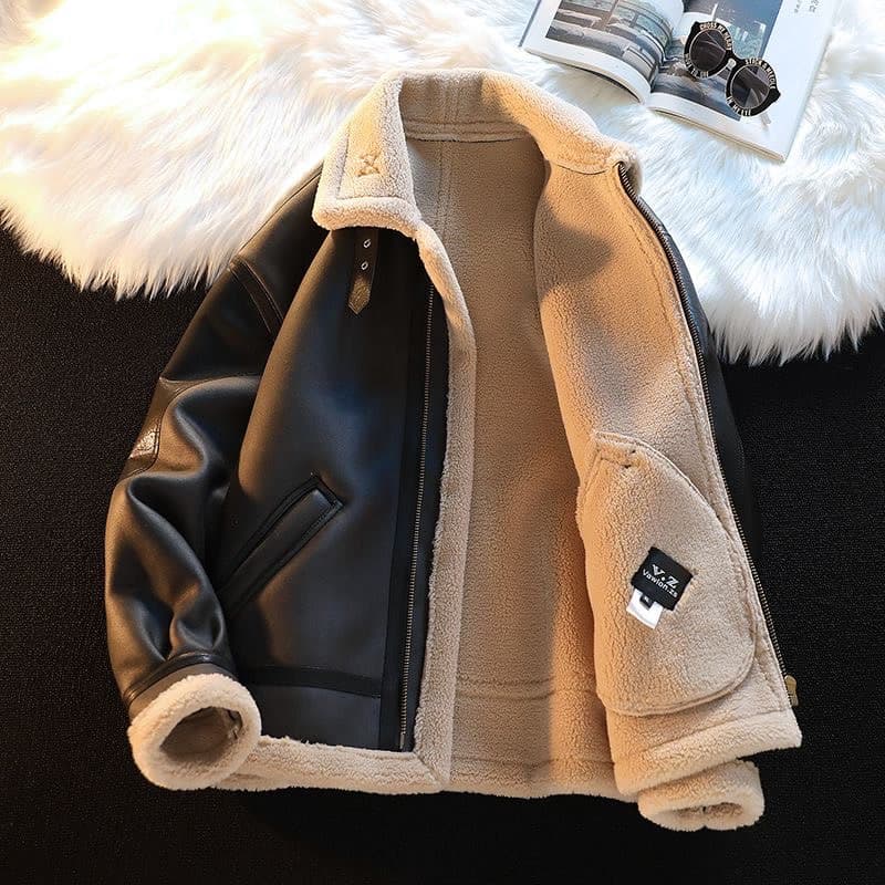 Men's Clothing Men's fur and leather suede jacket, plush and thickened motorcycle clothing, winter trendy loose jacket, lambskin top