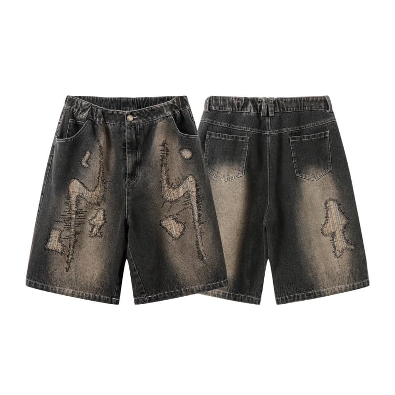 Men's Clothing Summer Street Style Washed Old Patchwork Loose Denim Shorts
