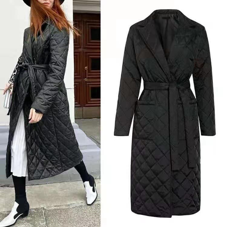 Women's Clothing autumn and winter new fashion lapel cotton coat mid length over knee belt slim diamond pattern coat