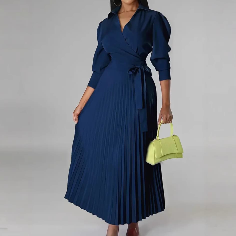2025 Elegant Stand Up Collar Long Sleeve Waist Pleated Long Skirt Small Elegant Dress