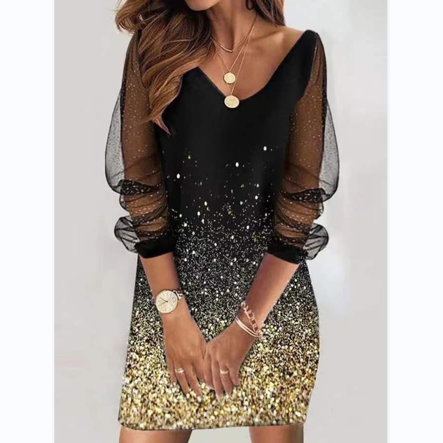 Women's Clothing Sequined See Through Mesh Women's Dress