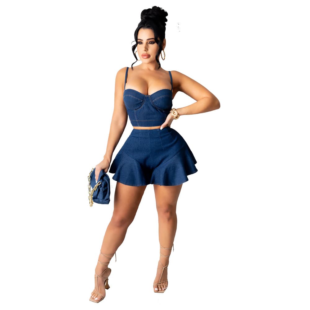 Women's Clothing Fashion Casual Suspenders Wrapped Chest Skirt Pants Movable Buckle Denim Two Piece Set