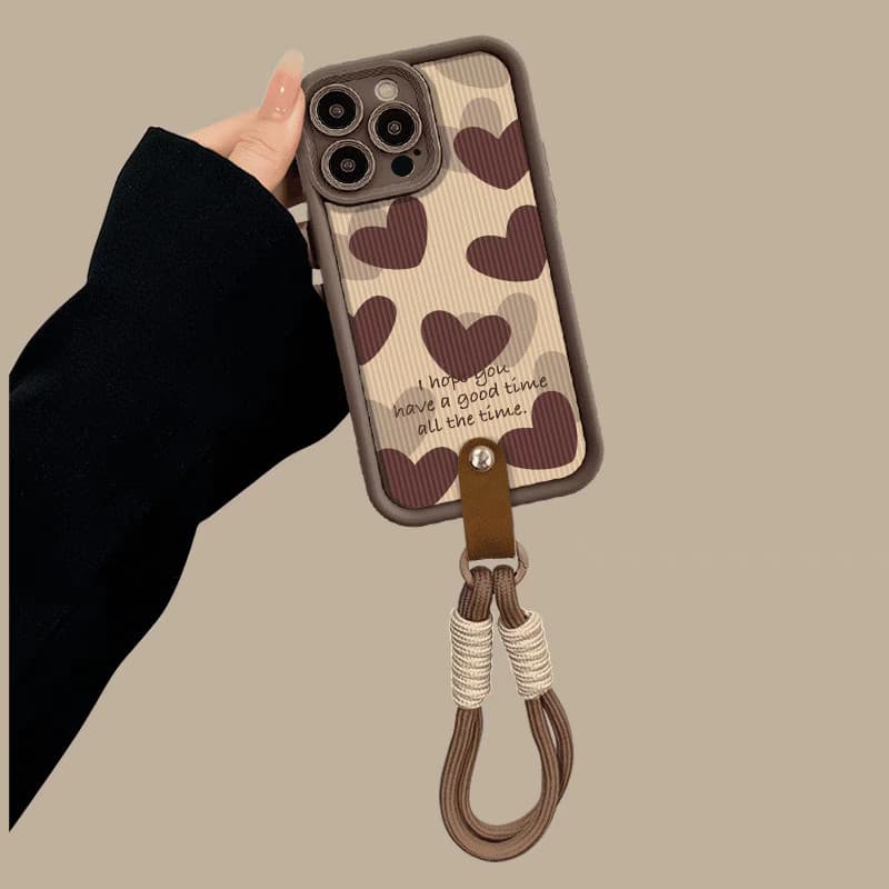 Compatible For IPhone 16 15 14 13 12 11 PRO MAX XR XS X 8 7 6 6S PLUS Full Protection Casing Aesthetic Brown Hearts & Lanyards Case
