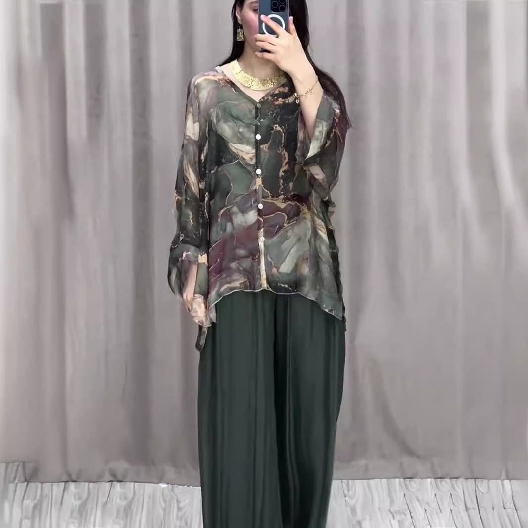 Women's Clothing spring fashion new hand painted printed shirt top wide leg pants two piece suit