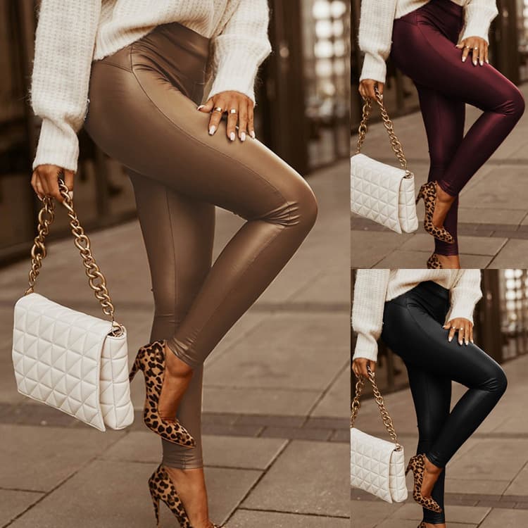 Women's Clothing Fashion Leather Tight Stretch Trousers Three Colors and Four Sizes