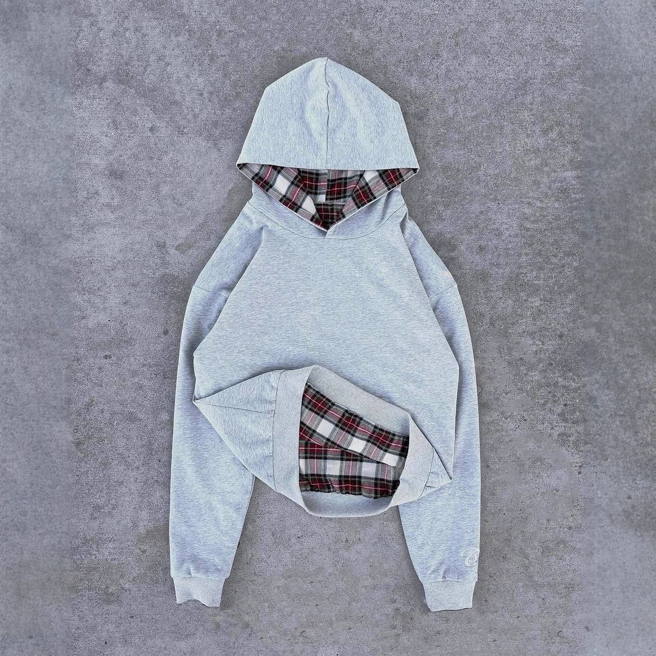 Men's Oversized Plaid Hoodie – Streetwear Pullover With Checkered Print, Hip-Hop Inspired Heavyweight Sweatshirt (Light Grey/Black/Navy Blue)​