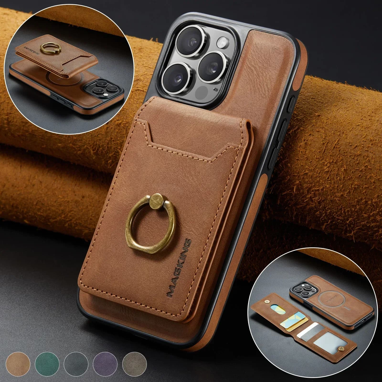 2IN1 Detachable Leather Solt Ring Holder Wallet Case For IPhone 16 15 14 Pro Max Plus For Magnetic Wireless Charge Cover