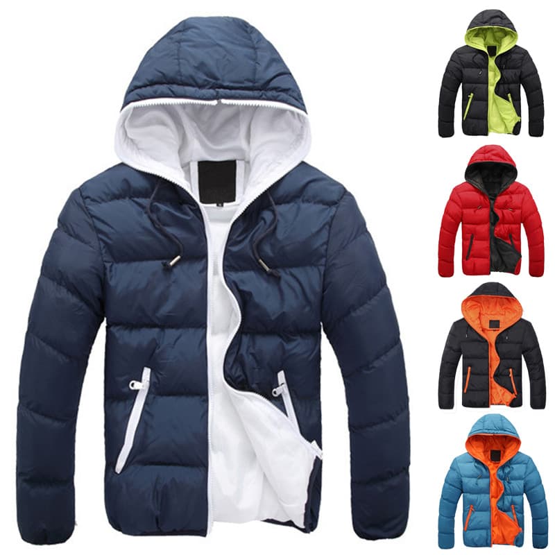 Veste d'hiver pour homme avec capuche, manteau léger et chaud, fermeture éclair sur le devant, design de couleur contrastée, rembourrage en polyester, coupe ample, pour un usage décontracté en extérieur