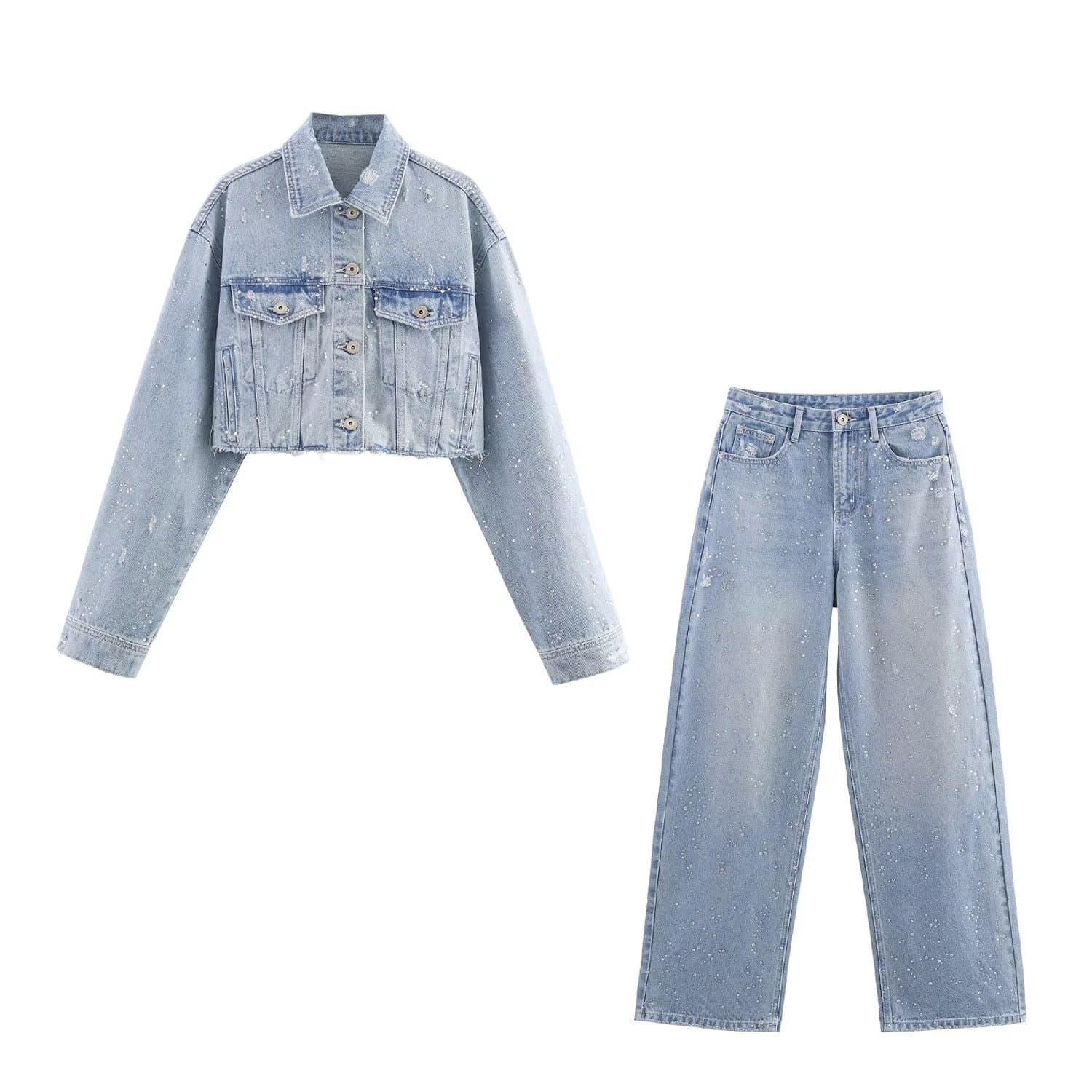 ​​Women's Rhinestone Embellished Denim Jacket & Straight Leg Jeans Set - Urban Chic Casual Outfit For Women (Xs/S/M/L)​​