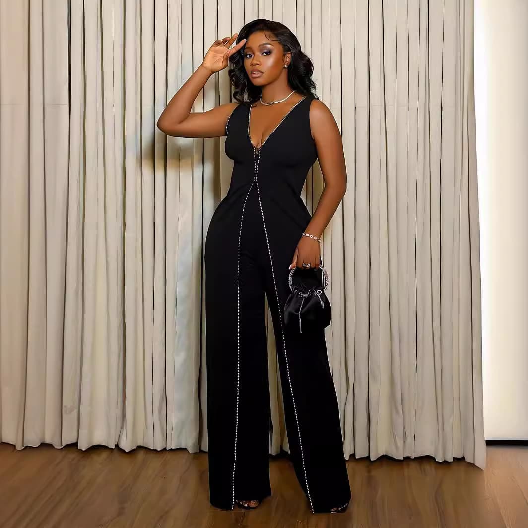 Women's Clothing V neck sleeveless jumpsuit temperament women's clothing splicing personality design straight pants