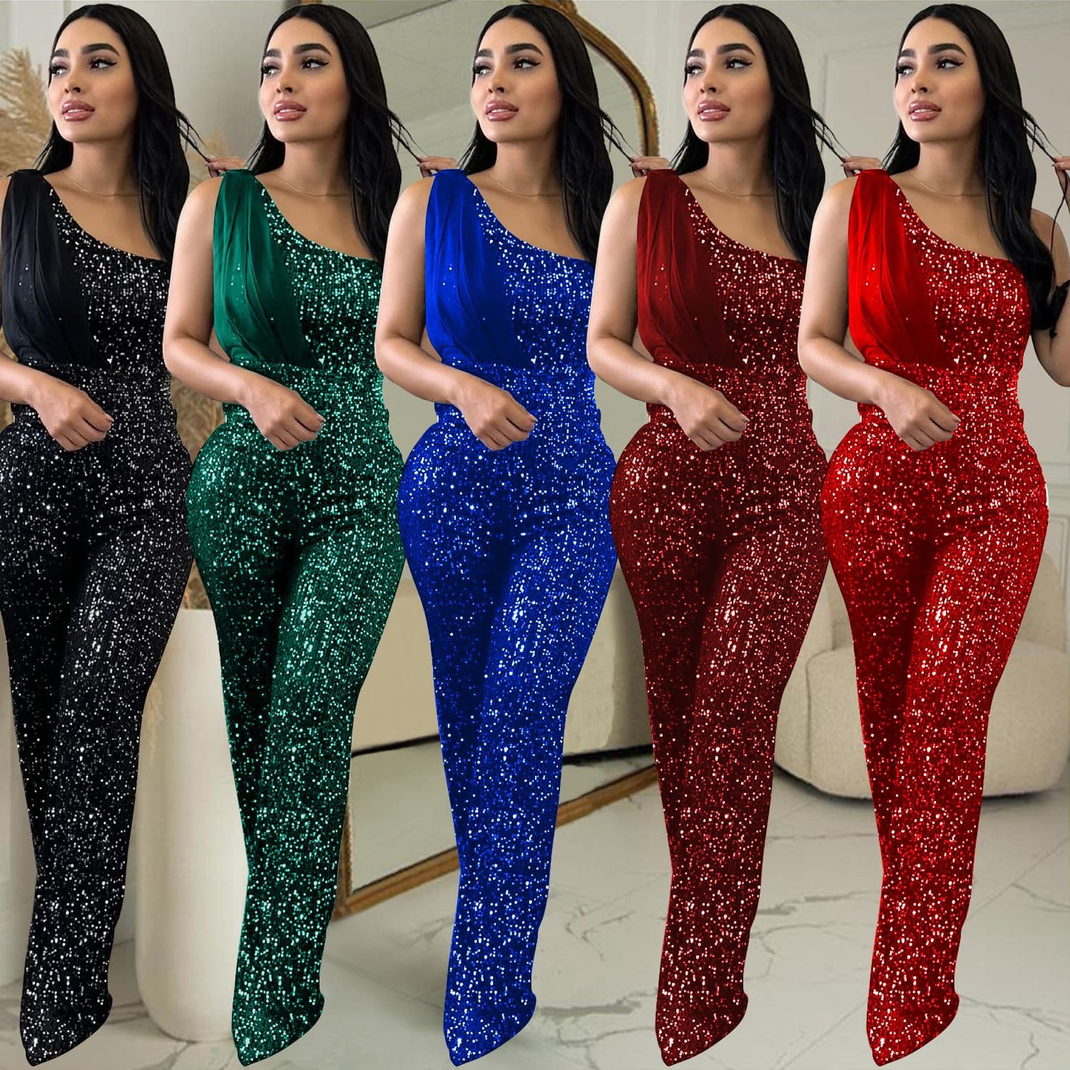 Women's fashion solid color sleeveless single shoulder sequin pant romper