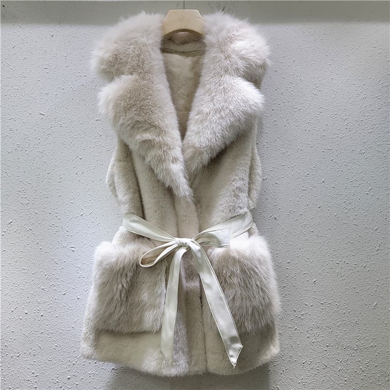 Women's Clothing mink velvet vest for women medium and long lapel tie pockets simulated mink fur vest