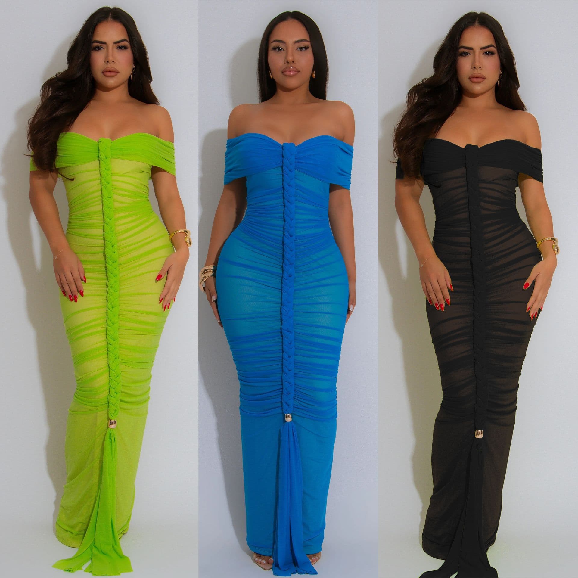 Women's Clothing Fashion Sexy Pleated Mesh Maxi Dress