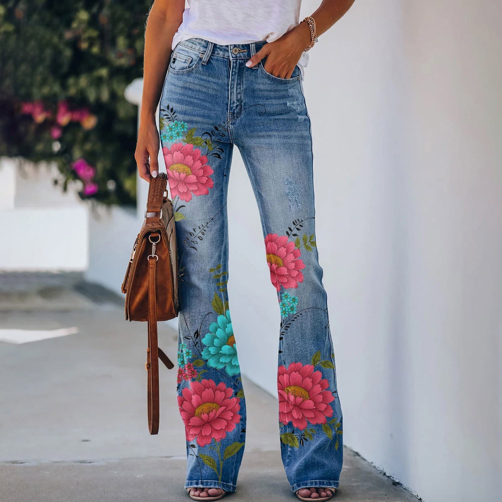 Women's wear thin women's casual pants Art print imitation denim pants