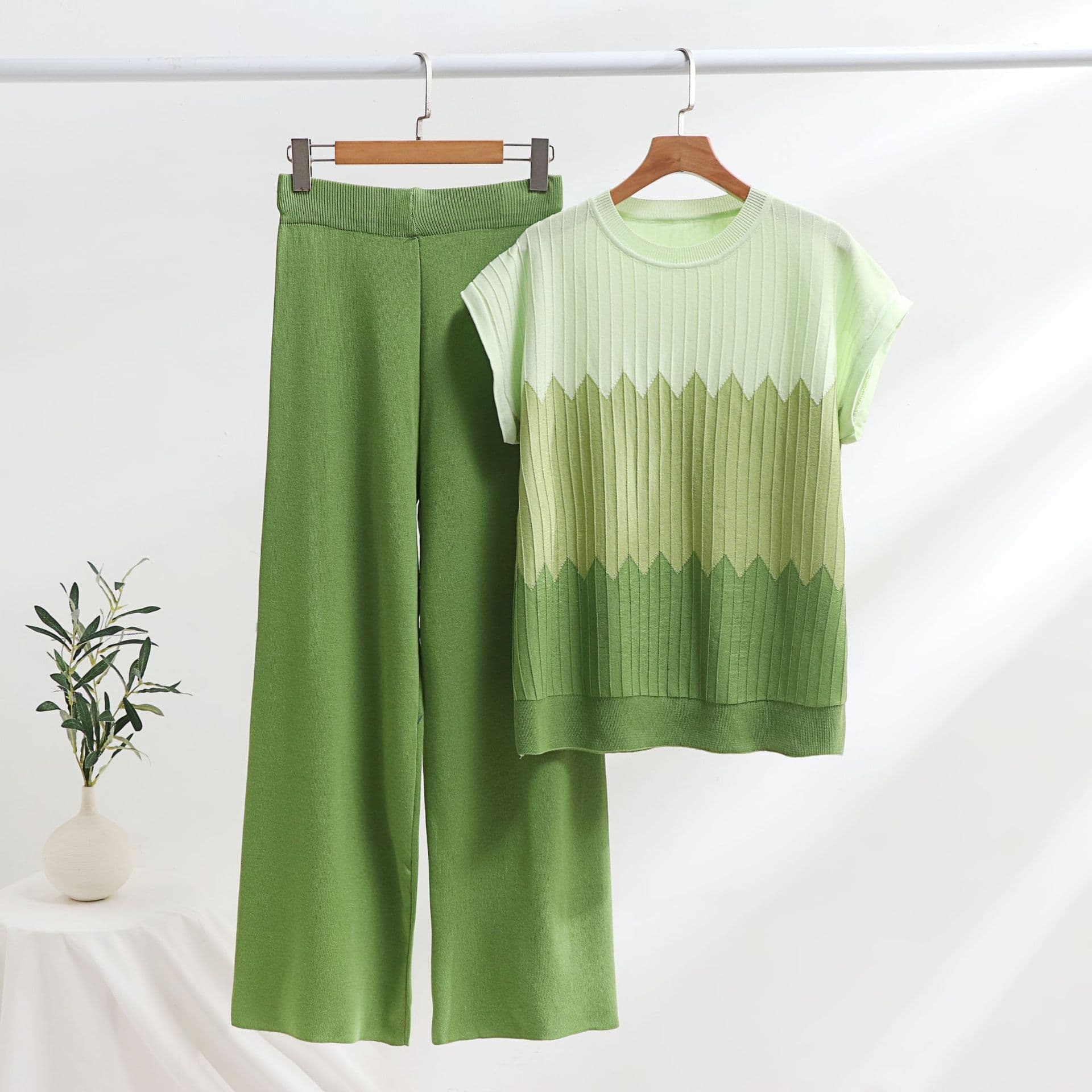 Fashion Suit Casual Contrast Color Round Neck Three Quarter Sleeve Knit Sweater High Waist Slim Wide Leg Pants Trousers Two Piece Suit