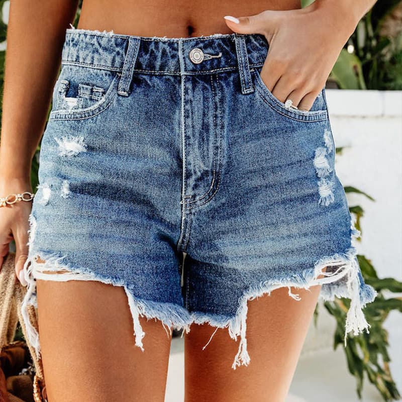 Women's Fashion Fringe Ripped Wash Short Jeans