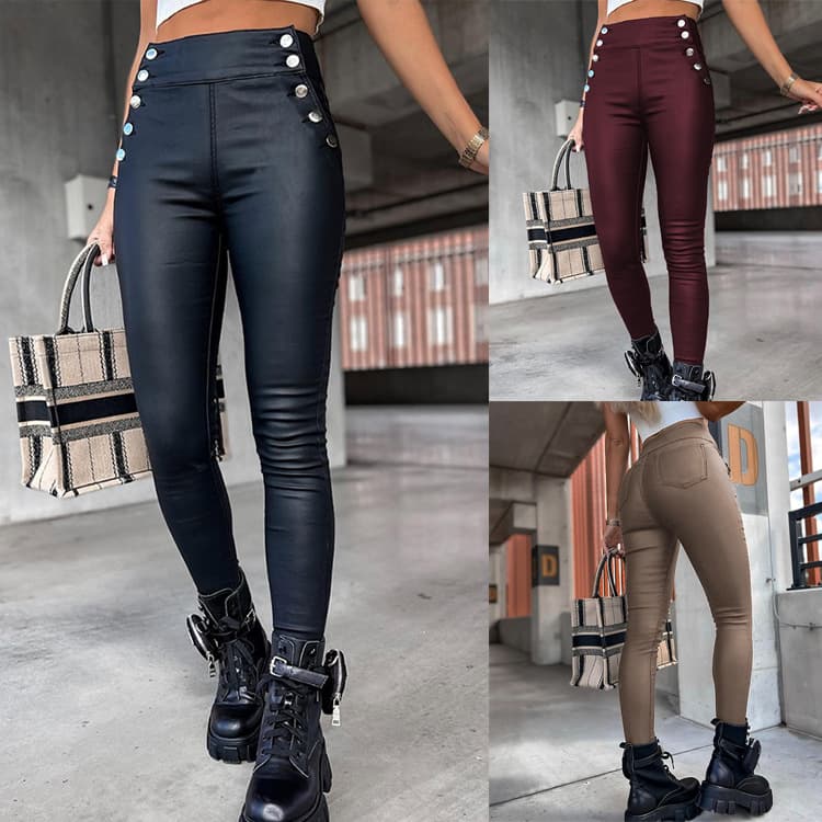 Women's Clothing High Waist Slim Leather Pencil Trousers