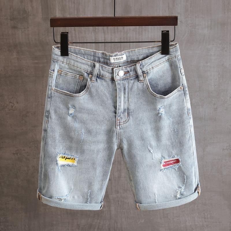 Summer thin blue embroidered denim men's versatile, perforated straight leg cropped shorts, loose elastic shorts