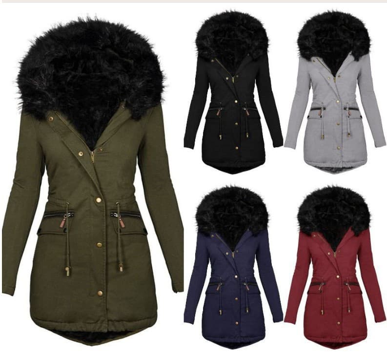 Women's Winter Pure New Style Fur Collar Hooded Long Warm Cotton Jacket