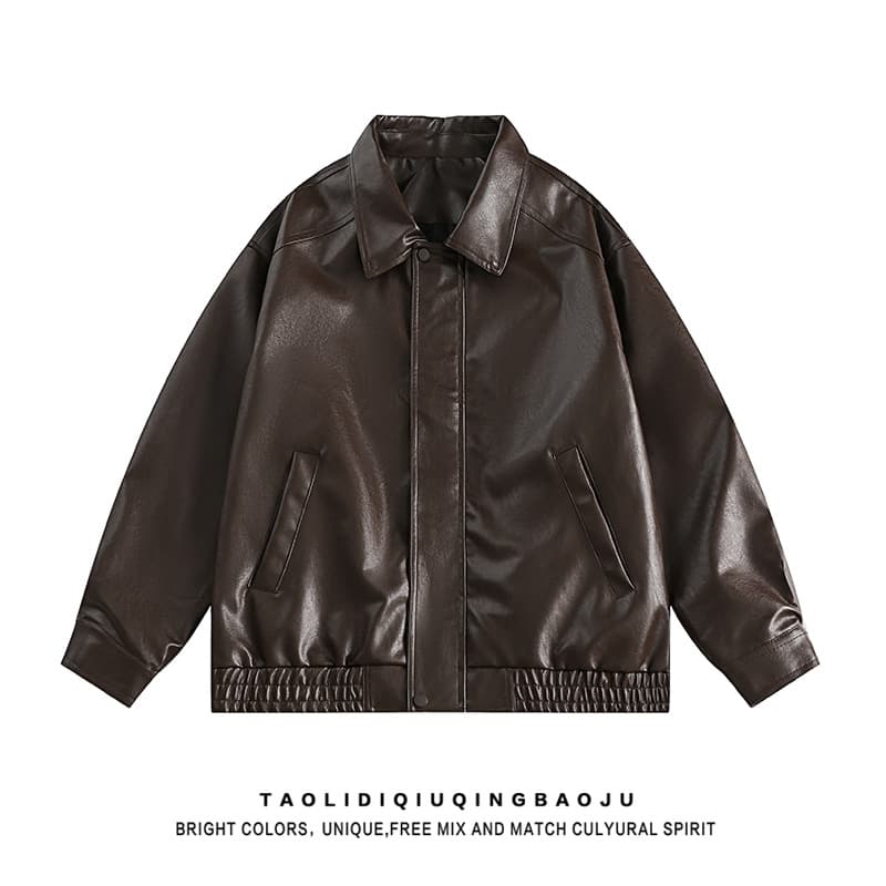 American Street Maillard Wear Leather Jacket Women's Retro High End Loose Couple Lapel PU Leather Jacket