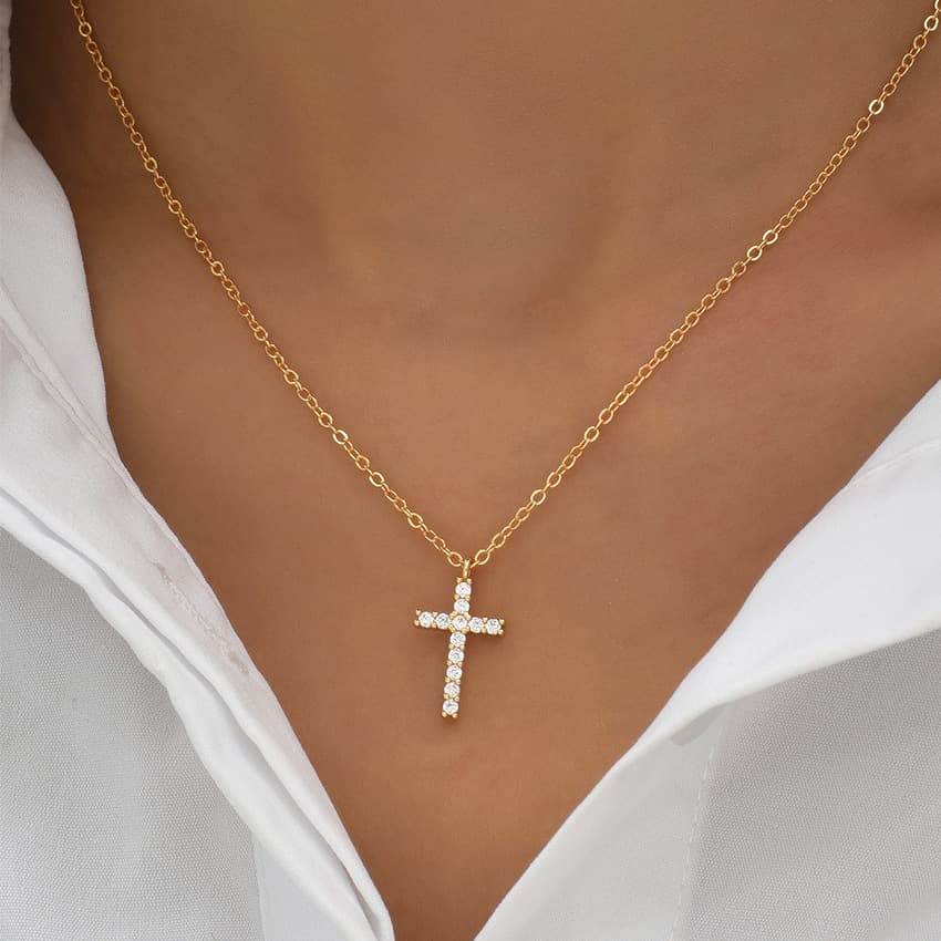 Cross-border Zircon Inlaid Cross Pendant Bone Chain Women's Personality Light Luxury Ins Style Versatile Jewelry A4746