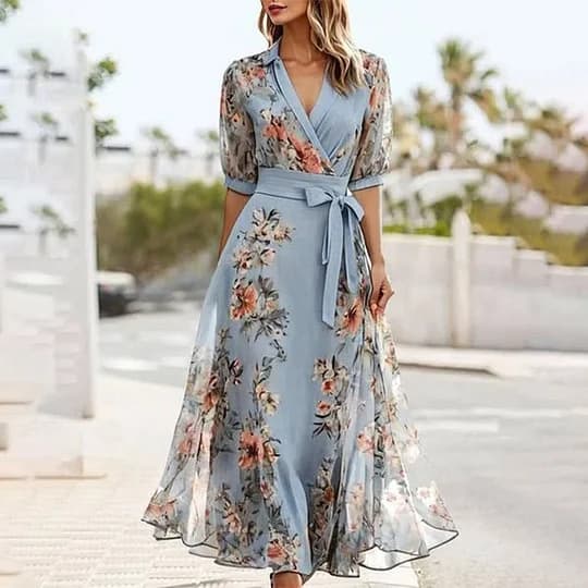 Women's Clothing Short Sleeve V Neck Digital Printing Thin Waist Dress
