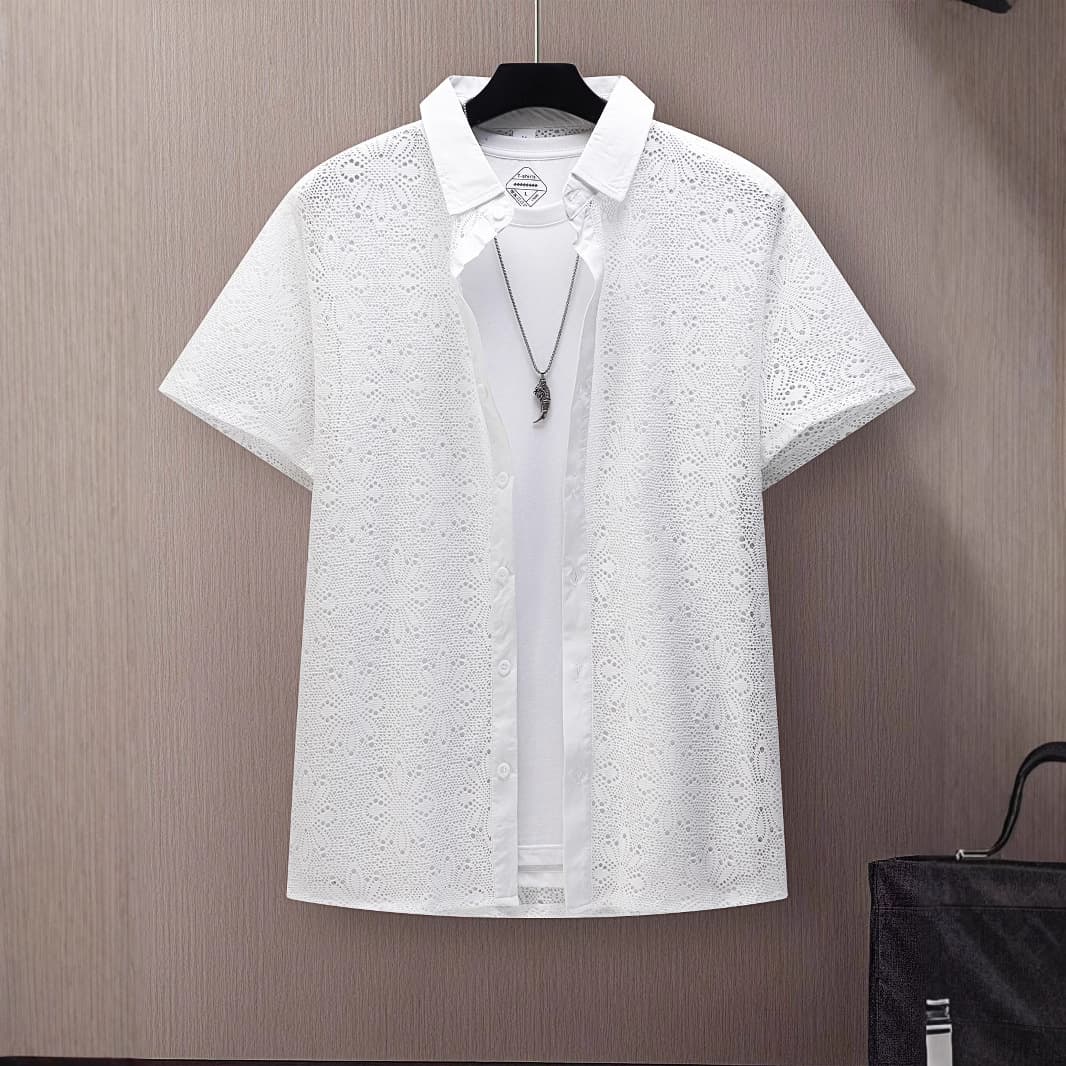 Men's Clothing Summer New Simple Fashion White Hollow Carved Men's Short Sleeved Cardigan Lapel Casual Shirt
