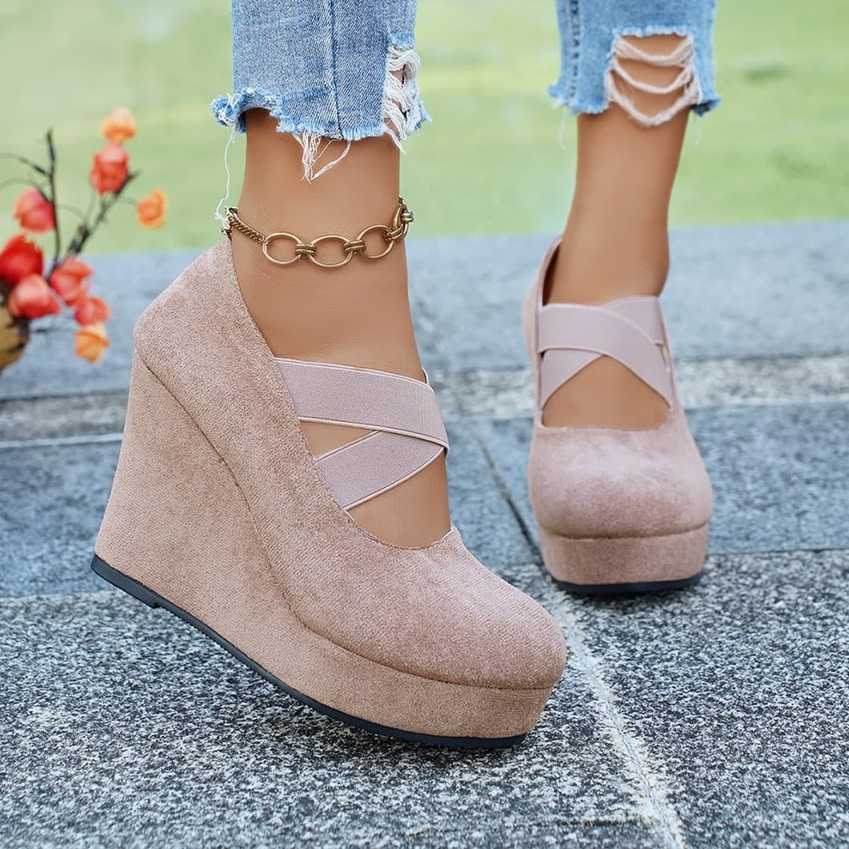 Women's Suede Low Cut Flats European American Style Plus Size Crosscut Elastic Band Platform Shoes Spring
