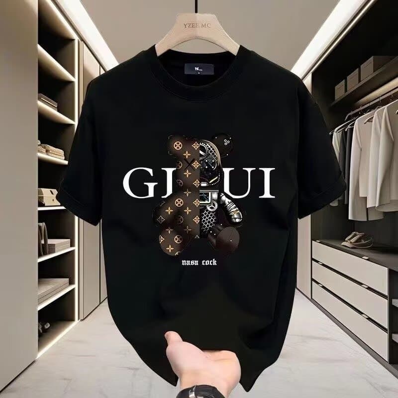Men's High-Quality Pure Cotton T-Shirt Short-Sleeved Summer Trend Youth Brand Bear Print Loose Top
