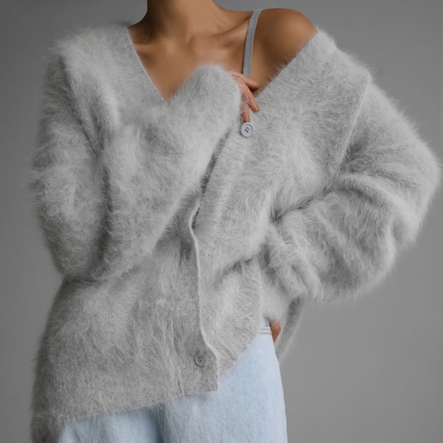 Women's Clothing Autumn And Winter Mink V Neck Knitted Sweater For Women New Loose Solid Color Cardigan Female Coat