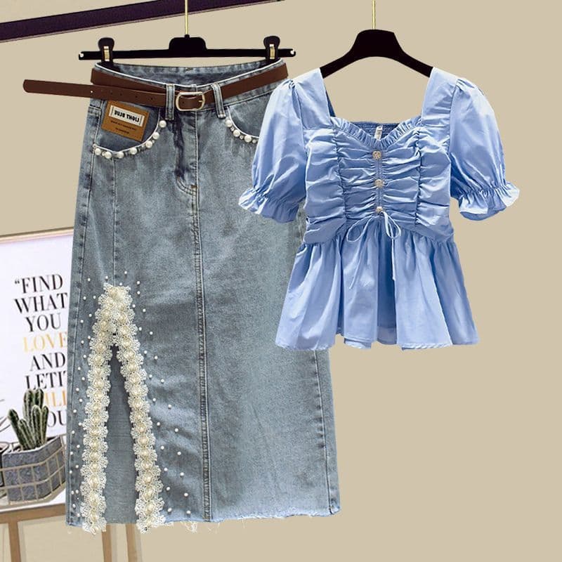 Women's Clothing Suit For Women New French Sweet Chiffon Shirt Denim Skirt Two Piece Suit
