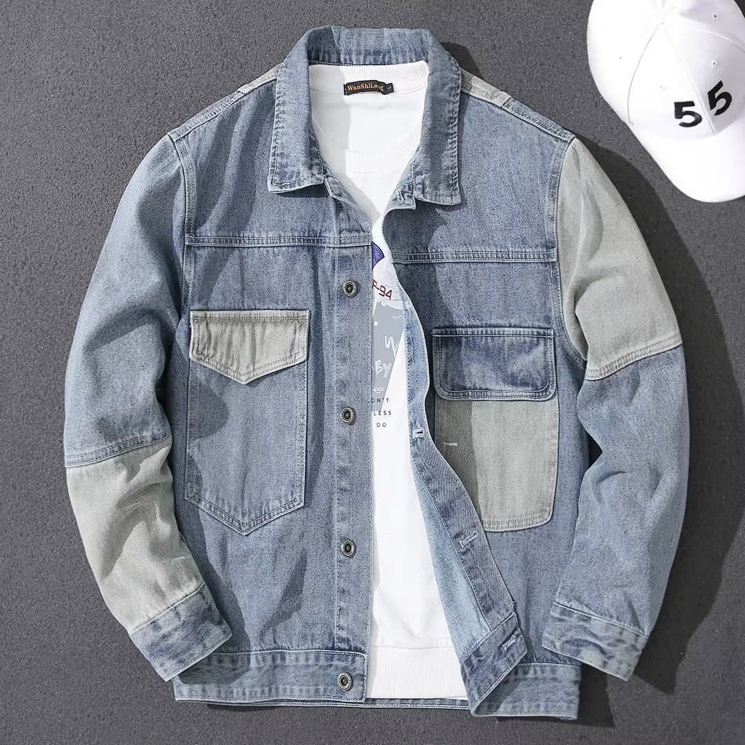 Korean Style Denim Patchwork Jacket - Slim Fit Casual Coat With Contrast Collar | Durable Cotton Blend For Men (Blue/Grey)