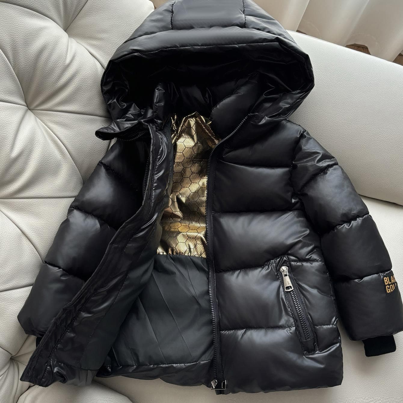 Children's Boys And Girls Black And Gold Cotton Hooded Coat New Winter Medium And Large Children's Bread Thickened Wash Free Coat