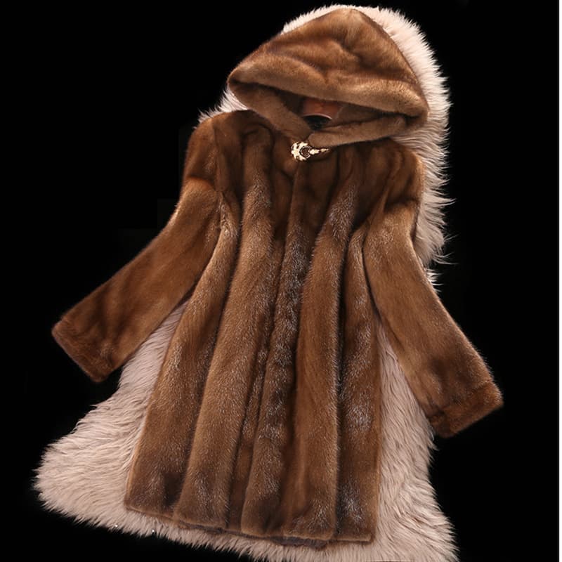 Luxury Faux Mink Fur Coat Women's Hooded Long Jacket Winter Fashion Outerwear Elegant Casual Deep Brown
