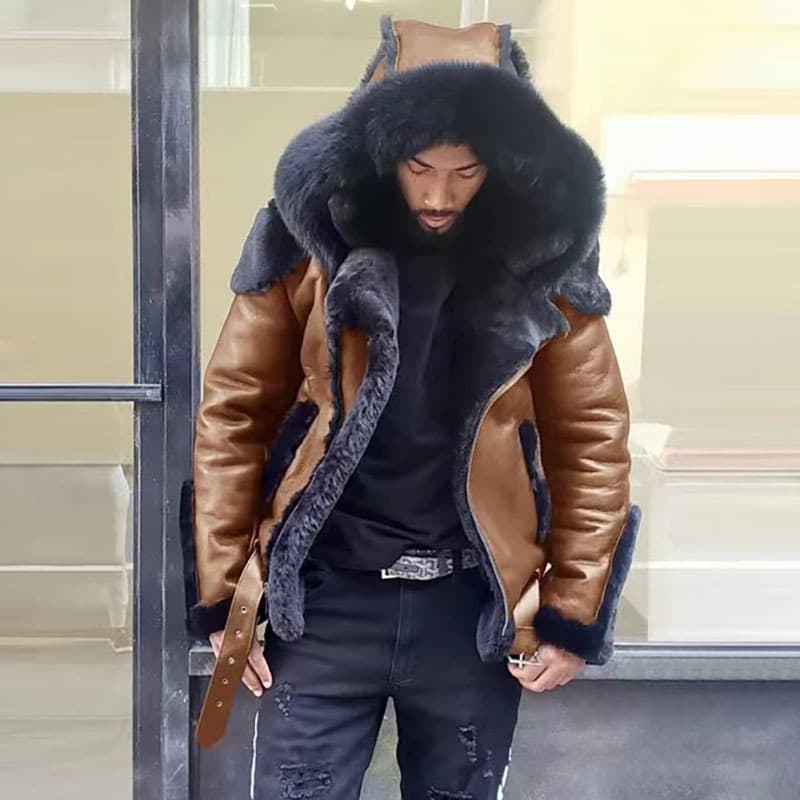 Autumn Winter Men's With Thickened PU Hood And Plush Leather Jacket