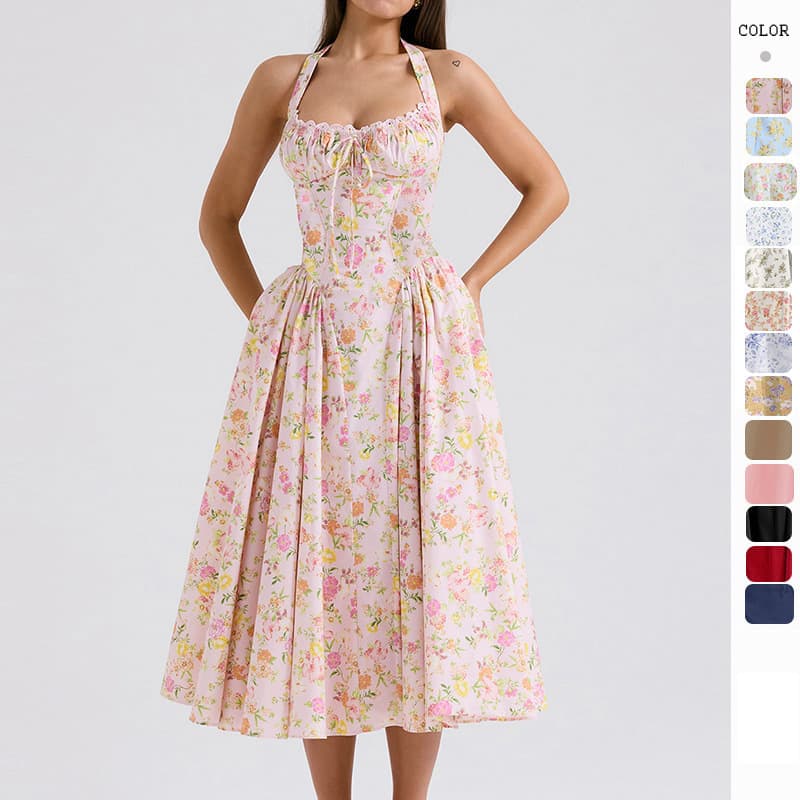 Women's Clothing new summer slim suspender long skirt fashion print halter neck lace dress