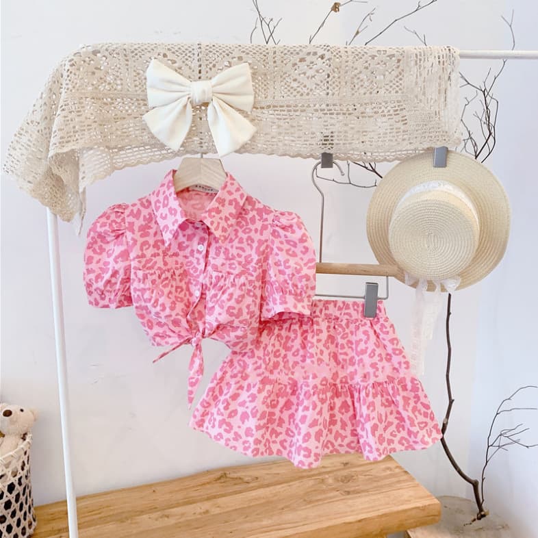 Kid's Clothing 2025 Spring And Summer New Girls Pink Leopard Print High Waist Top And Skirt Set