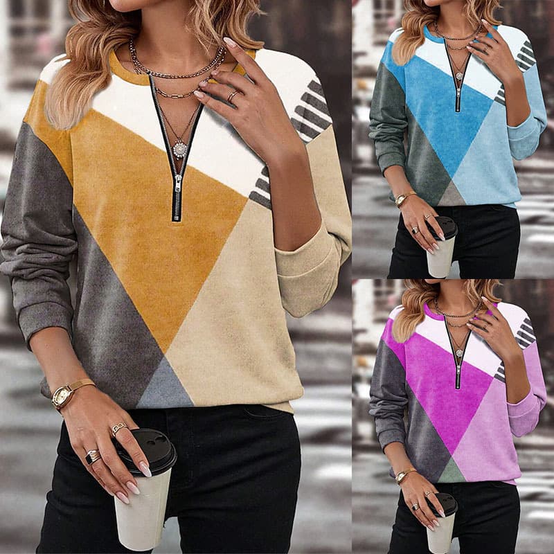 Women's Clothing autumn and winter color matching loose zipper long sleeved V neck sweatshirt